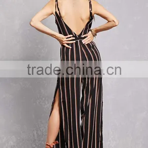 Oem Fashion Adjustable Cami Straps V-cut Neck and Back Striped Split-Leg Jumpsuit thumbnail-3