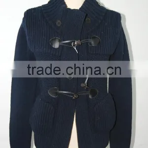 ECO LEATHER BUTTON FASTENING PURE WOOLEN CARDIGAN thumbnail-1