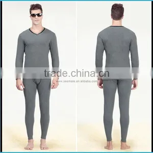 Combed Cotton Lycra Heated Thermal Underwear Men Thick Long Sleeve Long John V-neck Thermal Clothing Set Simple Design thumbnail-3