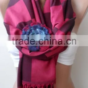 Burgundy Shawls With Rose, Plaid Pattern Scarf, Crochet Rose, Fashion Scarf, Plaid Pattern Scarf, Elegant, Bridesmaid Shawls, We thumbnail-4