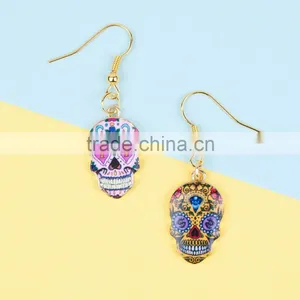 New Fashion Gold Plated Multicolor Halloween Sugar Skull Pattern Earrings thumbnail-3