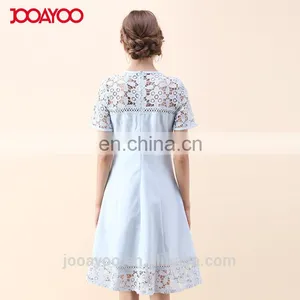 Women Elegant Short Sleeve Flower Lace Embroidered Crochet Dress in Blue thumbnail-3