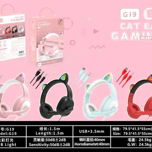 G19 Pink Cat Ear Cute Girl Gaming Headset With Mic Noise Reduction Foldable Stereo Music Helmet RGB Flash Wired Headphone thumbnail-5
