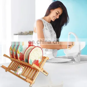 Foldable Bamboo 2-Tier Dish Drying Rack Space-Saving Kitchen Countertop Plate Drainer thumbnail-4