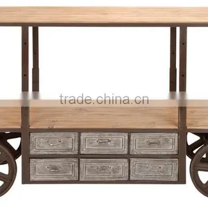 Vintage Industrial Living Room Furniture, Living Room Console Table Antique Metal Wheel Cart thumbnail-1