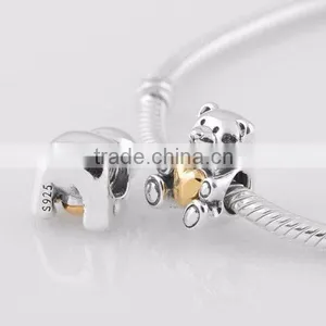 Teddy Bear With Golden Heart 925 Sterling Silver Screw Charm Bead DIY Making thumbnail-2