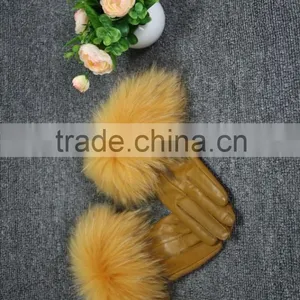 Lady Sheepskin Leather Gloves Women Winter Raccoon Fur Gloves Winter Fur Gloves thumbnail-1