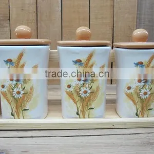 Wheat and Dasiy Decal Ceramic Tea Coffee Sugar Canister Set With Wooden Stand thumbnail-1