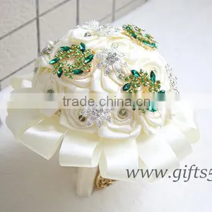 Romantic Wedding Bouquet Full of Crystal Beads and Green Brooches thumbnail-3