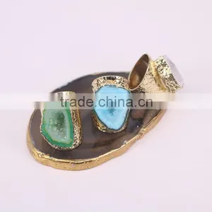 Mixed Colors Agate Geode Ring Golden Electroformed Freeform Drusy Druzy Gem Stone Jewelry Rings thumbnail-3