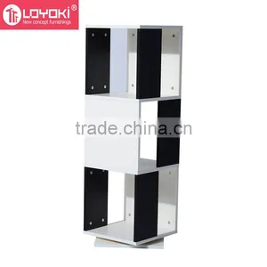 3-Tier Rotating Bookshelf Black and White MDF Wood Bookcase Wooden Cube Organizer thumbnail-1