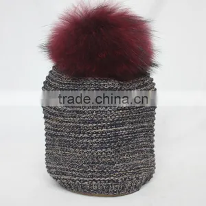 Myfur Multi-Color New Striped Pattern Wool Acrylic Knitting Hat With Real Raccoon Fur Pom Poms thumbnail-2
