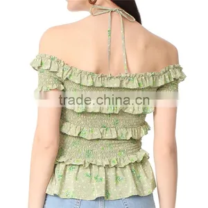 2017 OEM Femme Halter Ties Dainty Floral Elastic Ruffles Frill Blouse thumbnail-4