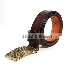 Cowhide Leather Belt Waistband Rectangle Antique Bronze Dark Coffee Flower Leaves Carved thumbnail-1