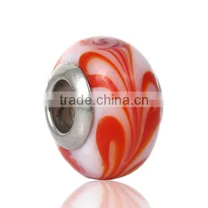 Lampwork Glass European Style Large Hole Beads Round Pattern White & Red With 304 Stainless Steel Silver Tone Core thumbnail-1