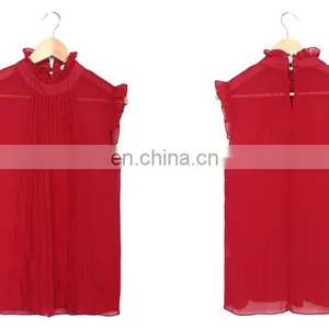 Dark Red Sleeveless Front Pleated Cape Collar Chiffon Blouse And Shirt Tops thumbnail-3