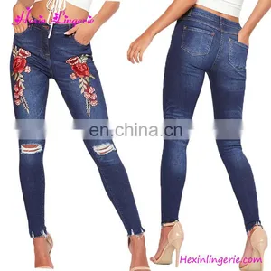 Wholesale Fashion Pants Dark Blue Ripped Embroidery Ladies Jeans thumbnail-1