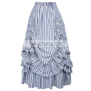 Belle Poque Retro Vintage Gothic Style Blue & White Stripes Bustle Skirt BP000354-2 thumbnail-2