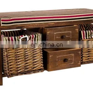 WOOD WICKER SEAT DRAWER STORAGE CABINET CUPBOARD HALLWAY FURNITURE SHOE RACK thumbnail-3