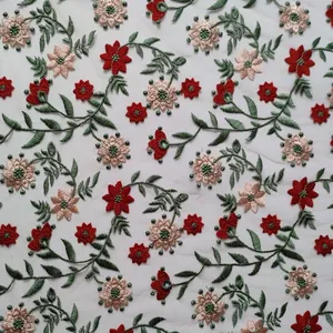 XF6056 Floral Embroidered Fabric Colorful Plants Tulle Embroidery Fabric thumbnail-4