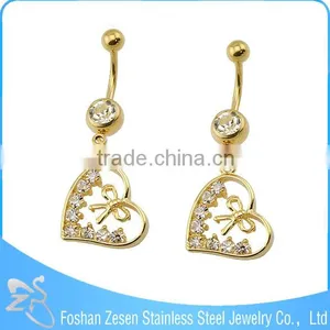 China Manufacturer Surgical Steel Hanging Pink Crystal Heart Bow Belly Ring thumbnail-3