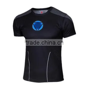 Polyester Spandex Short Sleeves Red Compression Shirt / Rash Guard With Iron Man Design thumbnail-1