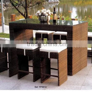 Restaurant Furniture Elegant Rattan Wicker High Long Table Chairs Dining Set YPS032 thumbnail-1