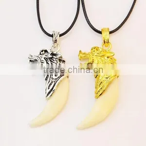 Retro Cool Men's Charm Choker Wolf Tooth Pendant Genuine Leather Alloy Necklace thumbnail-1