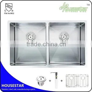 R3318 CUPC Approved Undermount Double Bowl Handmade Stainless Steel Kitchen Wash Sink With Brush Finish thumbnail-5