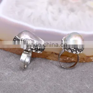 Nature Freshwater Pearl Rings, Silver Plated Metal With Crystal Zircon Paved Pearl Ring Jewelry thumbnail-1