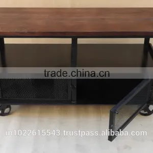 Industrial Side Table With Wheels, Metal Side Table, Metal Vintage tv Unit thumbnail-1
