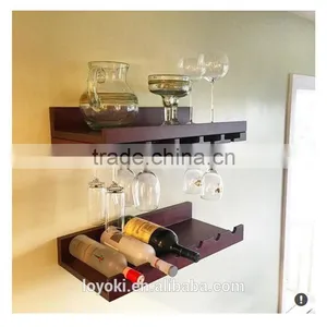 MDF Wooden Wall Mounted Set of 2 Bottle Shelf Holds 6 Wine Bottles and Glass Shelf Wine Rack Wholesale thumbnail-1
