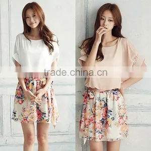 Womens Charming Crewneck Chiffon Short Sleeve Floral Casual Clothing Dress Summer Dress 2016 thumbnail-1