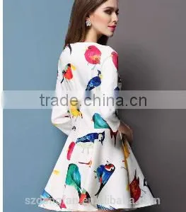 Casual 2015 Summer Style Sexy Bodycon Birds Print O Neck Pleated Party White Dress Women Vestidos Cheap Clothes China thumbnail-2
