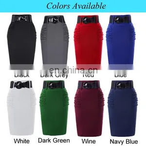 Kate Kasin Women's Shirred Detail High Stretchy Pencil Skirt With Wide Belt KK000271-1 thumbnail-6