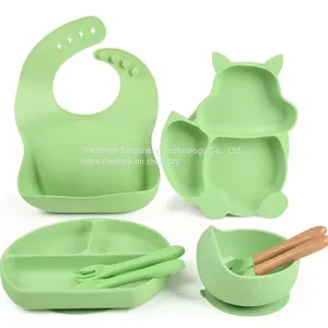 8pcs Food Grade Silicone Baby Feeding Set Baby Plate Bowl Wooden Silicone Spoon Fork Sets thumbnail-4
