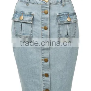 New Models Womens High Waisted Denim Pencil Skirt With Stretch Button Jeans Skirts thumbnail-1