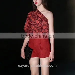 European Western Indian Fashionable Printed One Side Shoulder Tops Blouses Wholesale Pants Suits Pile High Waist Shorts Womens thumbnail-1