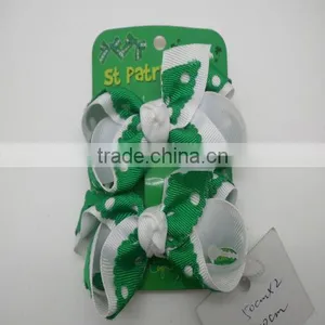 St Patricks Day Green And White Hair Bows With French Clips thumbnail-1