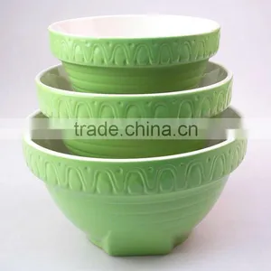 3pcs Set Mixing Bowl With Solid Color, Embossed Design thumbnail-1