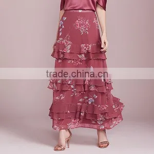 Solid Color Floral Chiffon Tiered Ruffle Maxi Long Skirts for Women thumbnail-4
