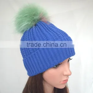 Myfur Wholesale Adults Size Wool Cable Knitting Beanie Hat With Colorful Raccoon Fur Pom Pom thumbnail-2