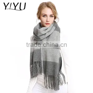 Women Elegant Soft Color Block Tassel Hem Wool Cashmere Wrap Shawl thumbnail-5