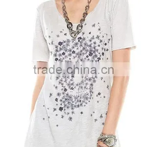 Rock Stylish Young Women Tunic Tops Light Grey Floral Skull Loose T Shirt Short Sleeves thumbnail-2