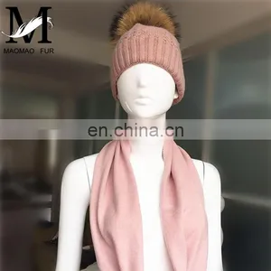 Thick Soft Shawl Fashion Winter Raccoon Fur Pom Hats Long Collar Scarf Hat Glove Sets thumbnail-4