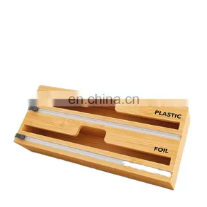 Hot Sale Custom Bamboo Wood Refillable 2 in 1 Plastic Wrap Foil Wrap Dispenser With Slide Cutter Kitchen Storage Dispenser thumbnail-1