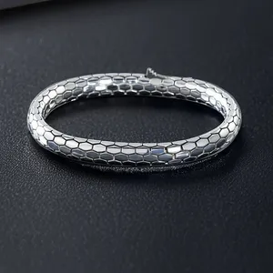 925 Sterling Silver Bracelet, Fine Work, Snake Pattern Bracelet, Bracelet, Trendy Thai Silver, Retrostylish Distressed Jewelry thumbnail-2
