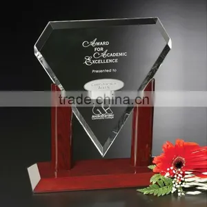 Clear Crystal Diamond Shape Plaque Design Office Gift With Wood Base thumbnail-1