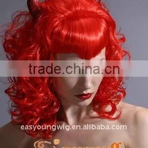 Long Red Halloween Wig With Horn, Cheap Party Hair Wig, Synthetic Hair Wig thumbnail-4