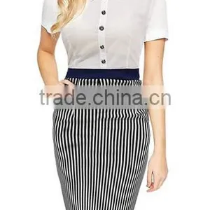 Women's Business Polo Neck Contrast Stripe Short SleeveFitted Pencil Dress thumbnail-1
